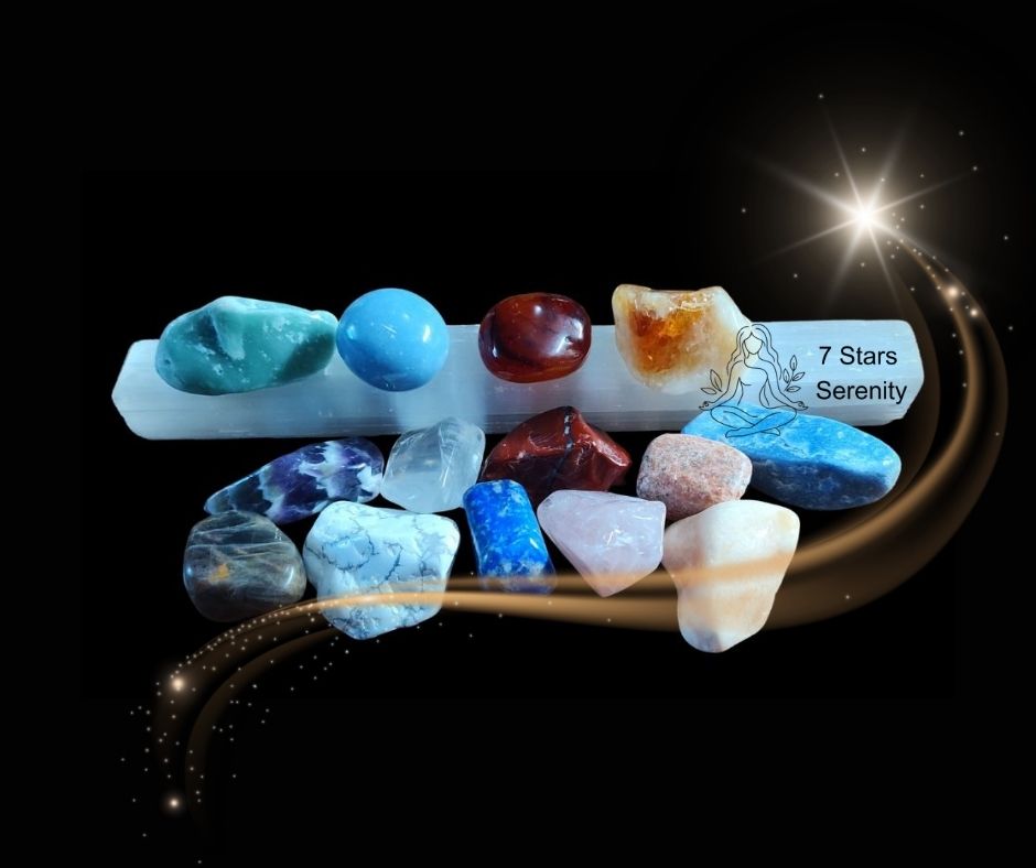 Seven chakra crystals arranged by color representing each energy center for balance and healing